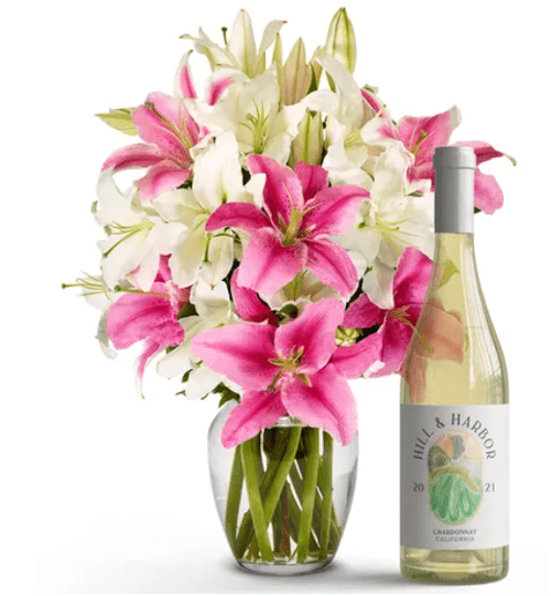 Pink White Lilies and White Wine Set