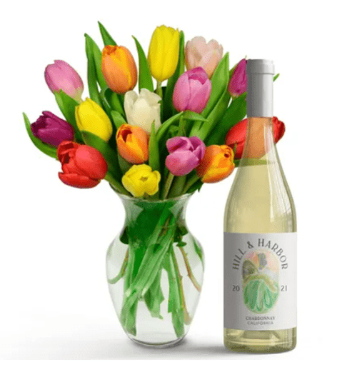 Rainbow Tulip Bouquet and White Wine Set