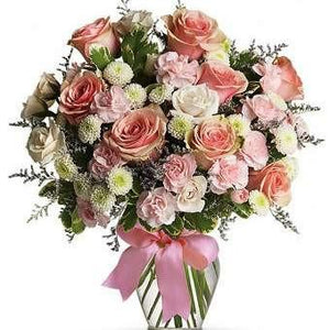The Cotton Candy bouquet is the perfect arrangement to send to a special elderly person in your life. It includes beautiful light pink and white roses