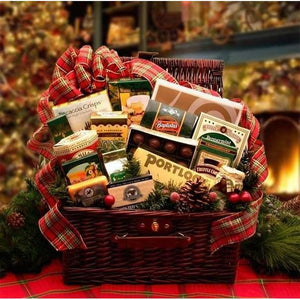  Hearth Hamper  Snow is falling, a fire is crackling and family and friends will soon be gathering around this elegant gourmet gift hamper that offers a true taste of the holiday season along with some deliciously decadent treats. 