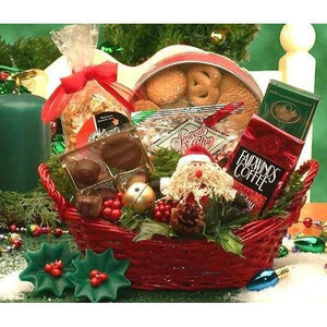  Holiday Cheer  This red holiday wicker tray bears the Holiday Cheer gift basket. Gourmet coffee, chocolates, cookies, and a festive holiday Santa planter deliver your holiday greeting