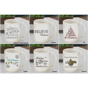 ur Personalized Holiday Christmas Coffee Mugs features classic icons of the Holiday Season! The mugs are ceramic and are made to last year after year.
