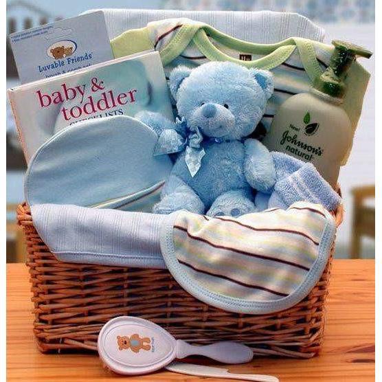 Deluxe Organic New Baby Basics Pink or Blue Gift Baskets - Fine Gifts La Bella Basket Company