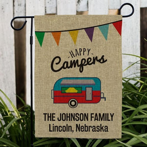 Happy Family and State Campers Burlap Garden Flag